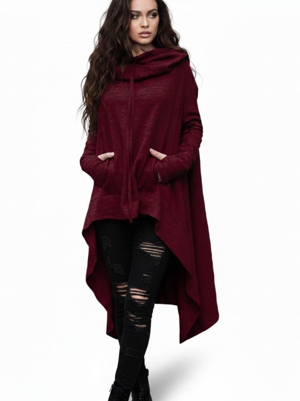 Dark Red Asymmetric Long Sleeve Hoodie Cloak Large NWT